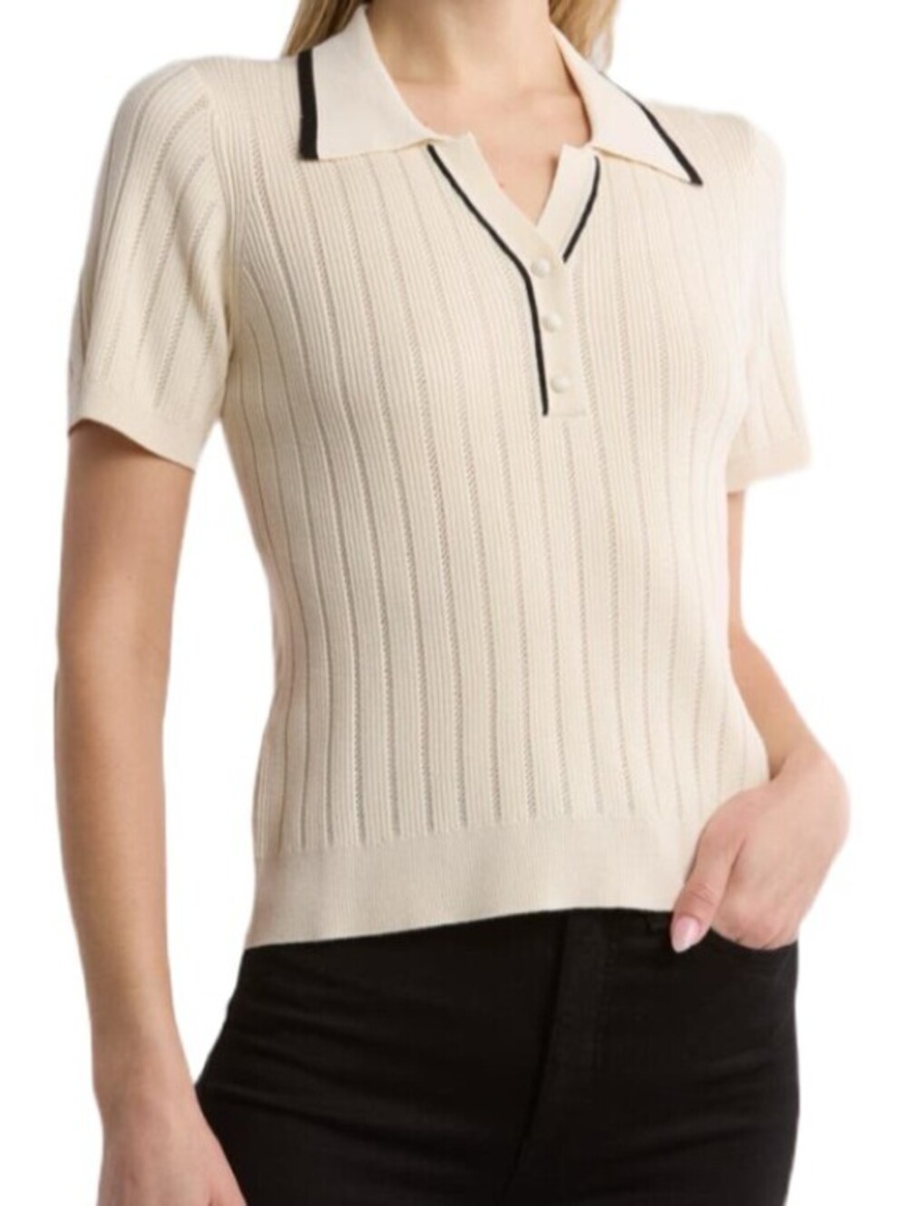 ADRIANNA PAPELL cream ribbed short sleeve polo sweater sz XL